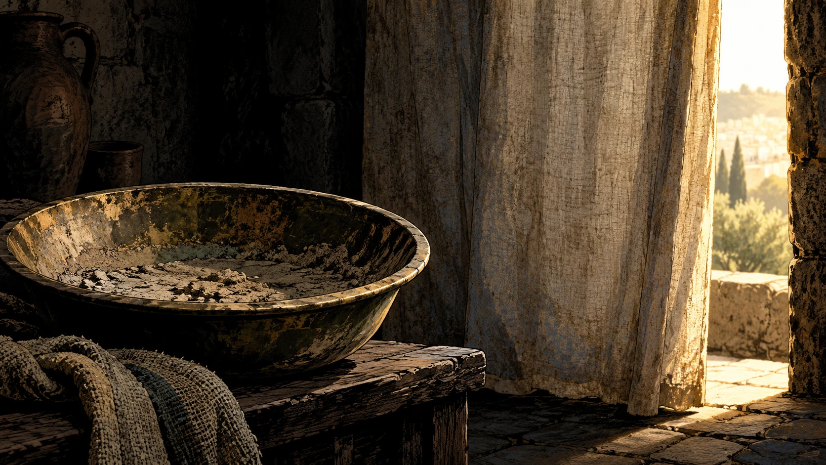 An empty sediment-marked basin sits beside a curtain blocking daylight.
