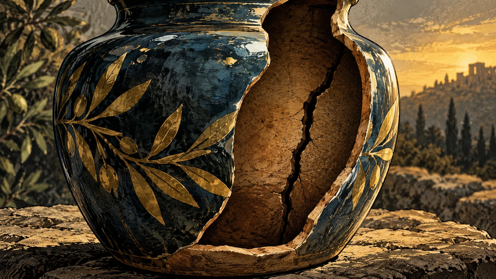 A cutaway glazed vessel reveals a deep inner crack.