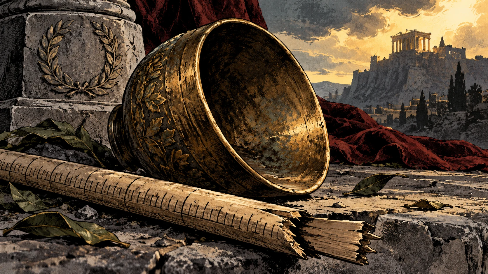 A broken measuring rod lies beside an overturned bronze bowl.