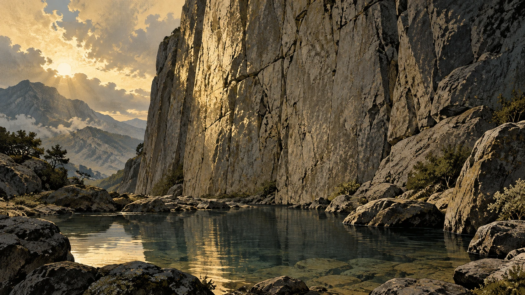A massive rock face towers over a calm clear pool.