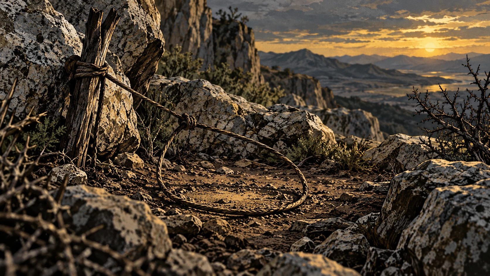An empty rope snare lies among rough rocks.