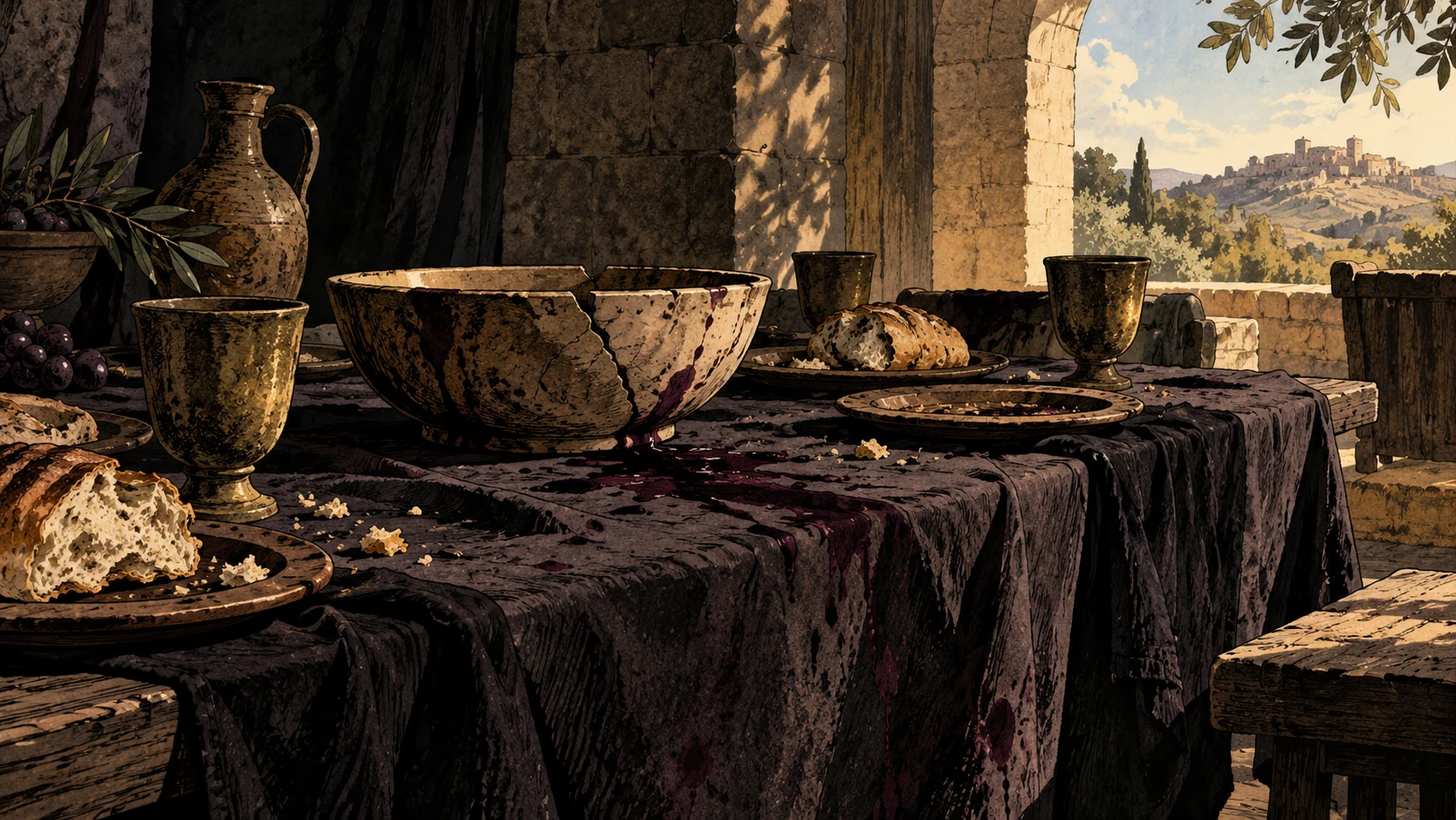 A cracked serving bowl and wine-stained cloth sit among bread and cups.