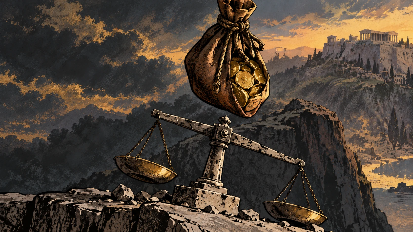 A coin purse hangs above a tilted balance on rough stone.