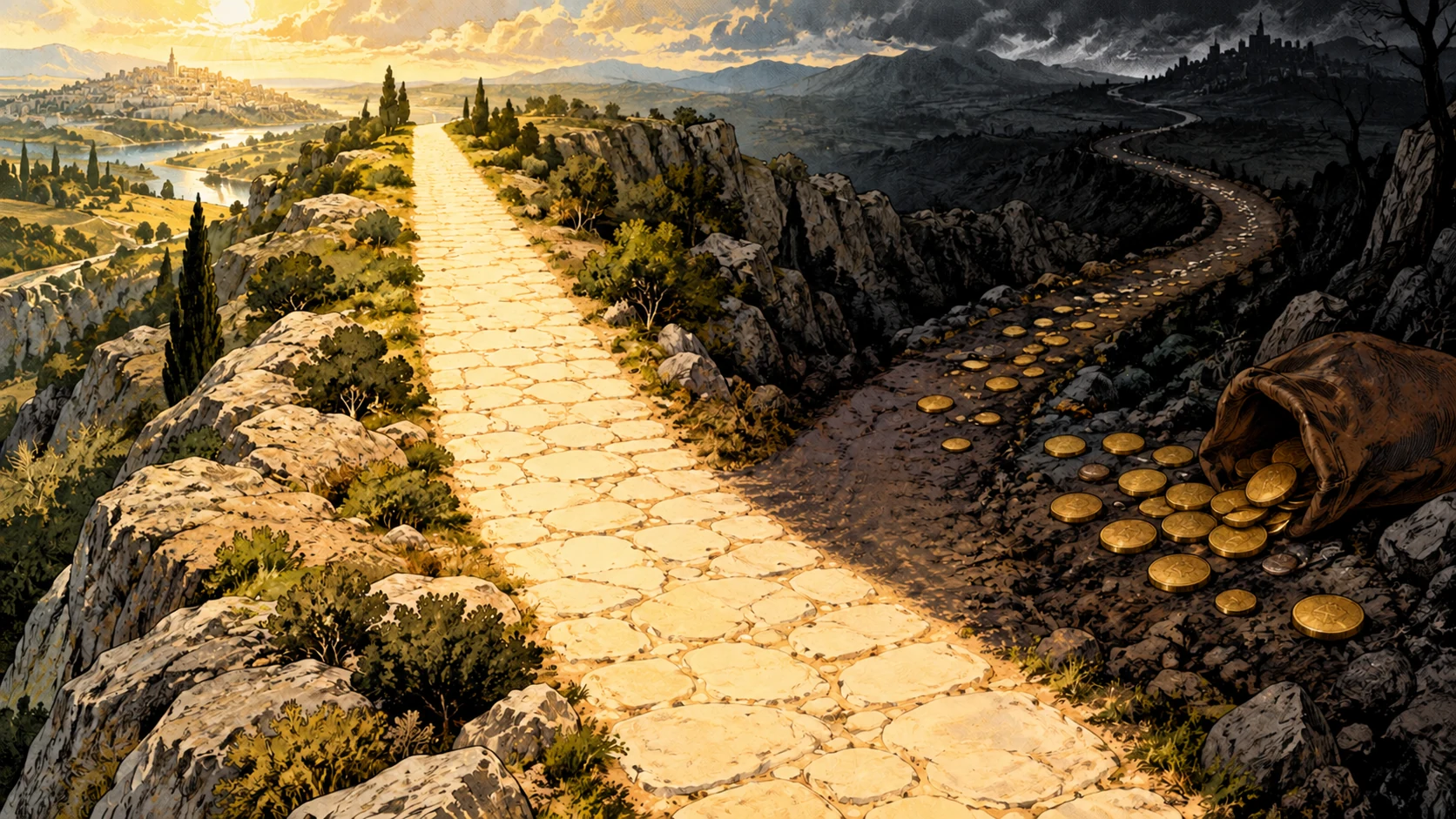 A straight sunlit path diverges toward a dark coin-strewn track.