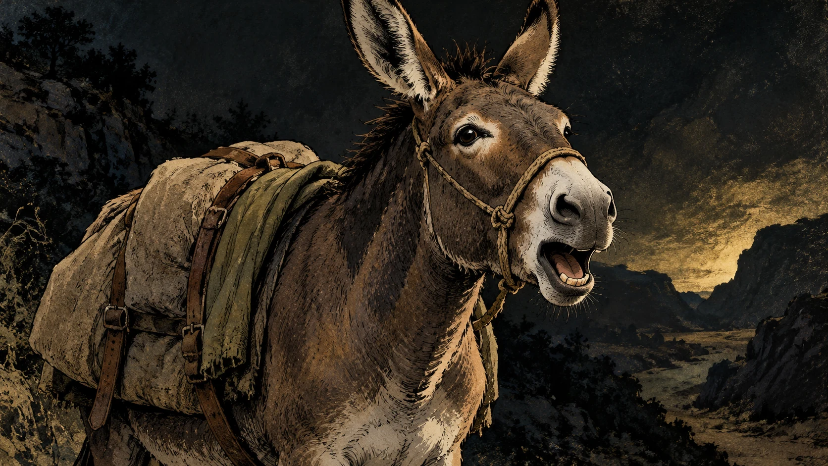 A donkey with plain pack gear has its mouth open against a dark landscape.