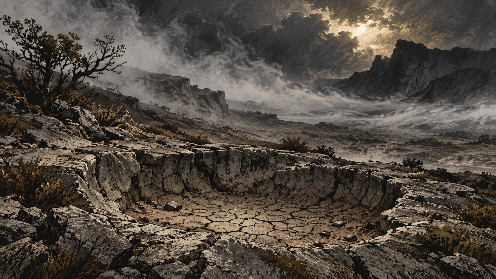 A dry spring basin lies beneath wind-driven mist.