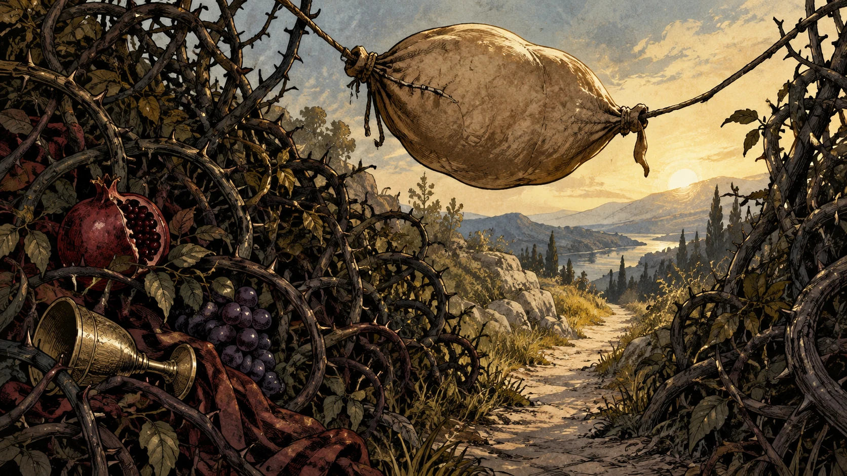 An inflated skin vessel hangs over a narrow path between thorny growth.