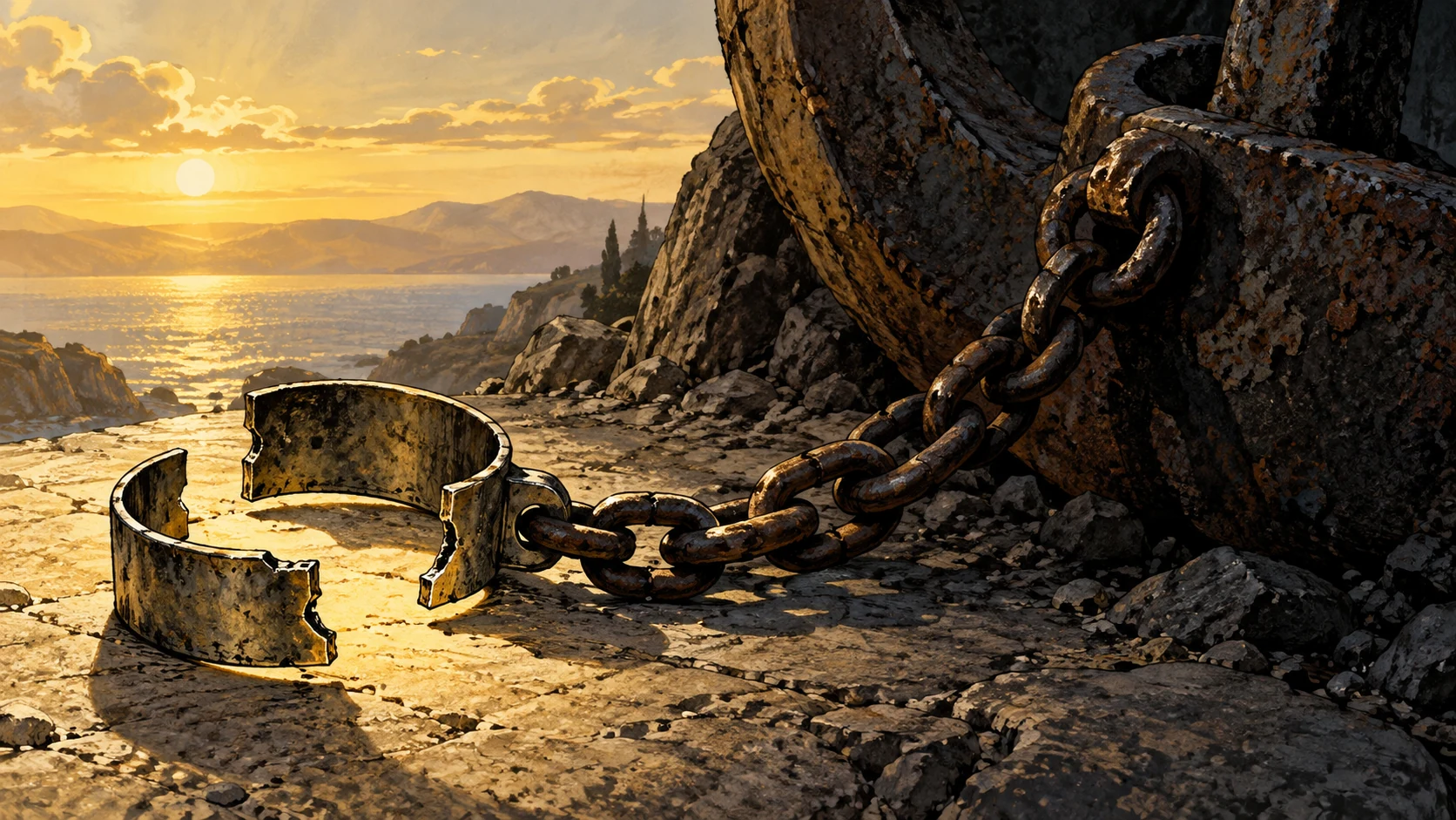 An open broken shackle remains chained to a heavy corroded anchor.