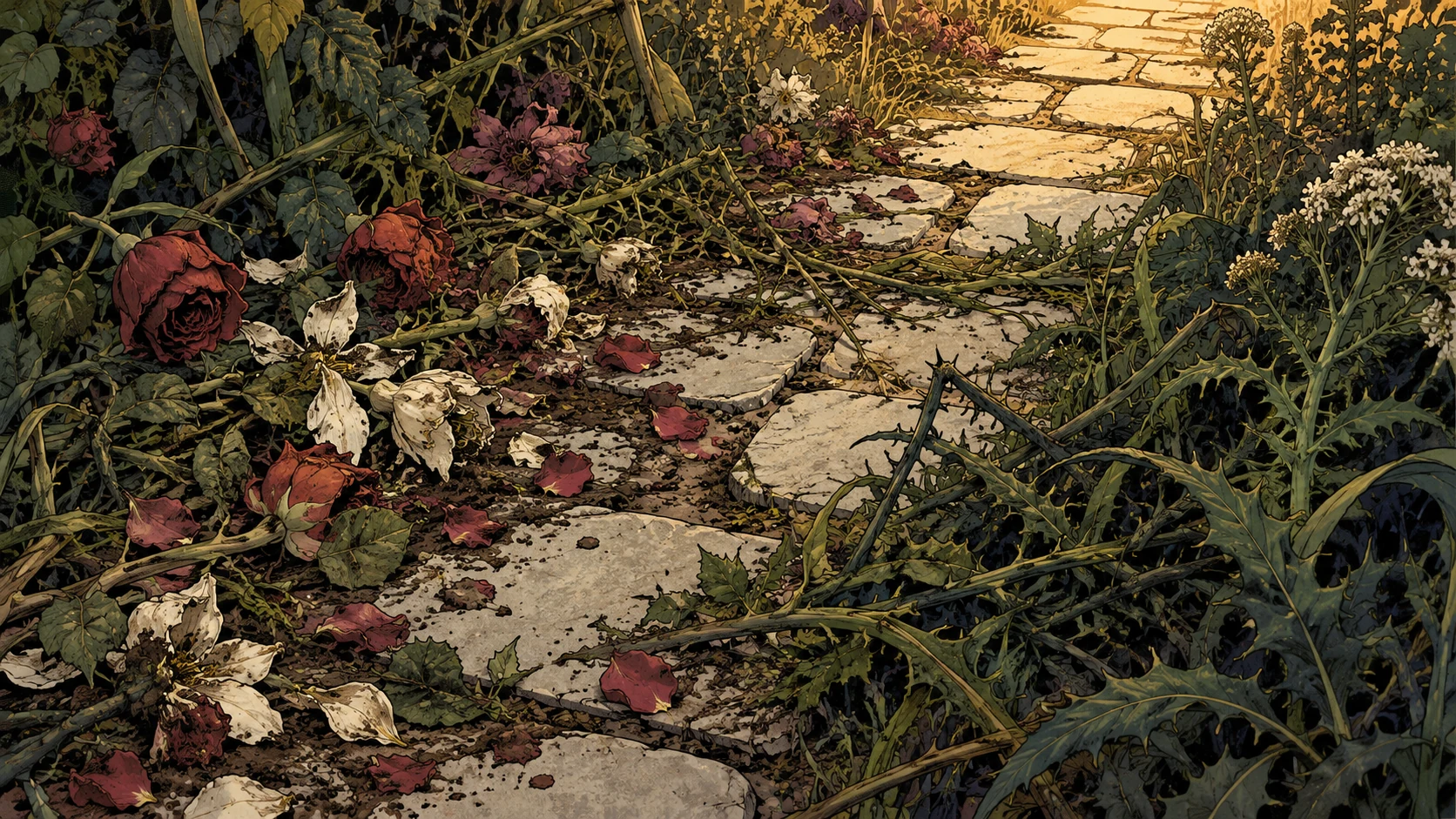 Trampled flowers and thorny tangles obscure a stone path.