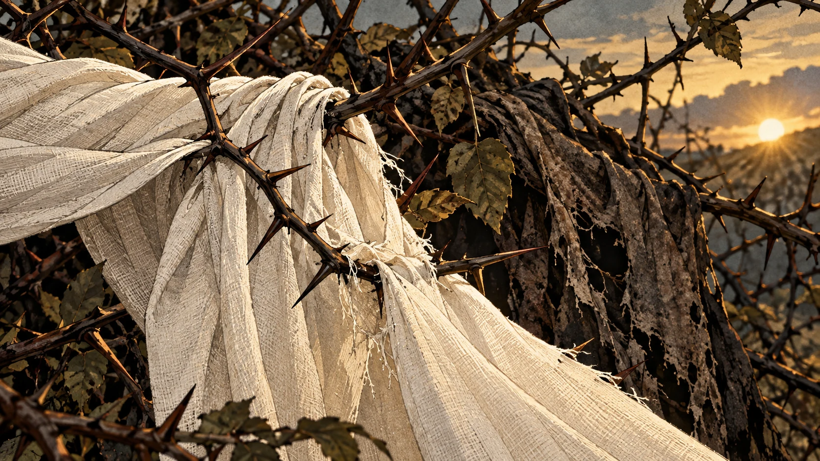Clean linen is caught in thorn branches beside older dark cloth.