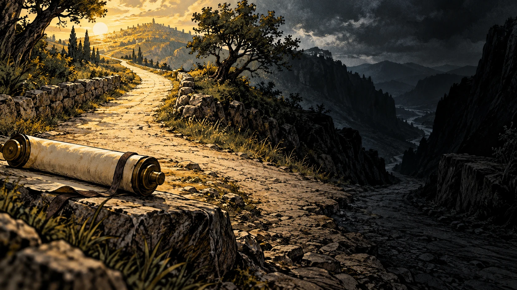 A blank scroll lies at a crossroads where a path descends into shadow.