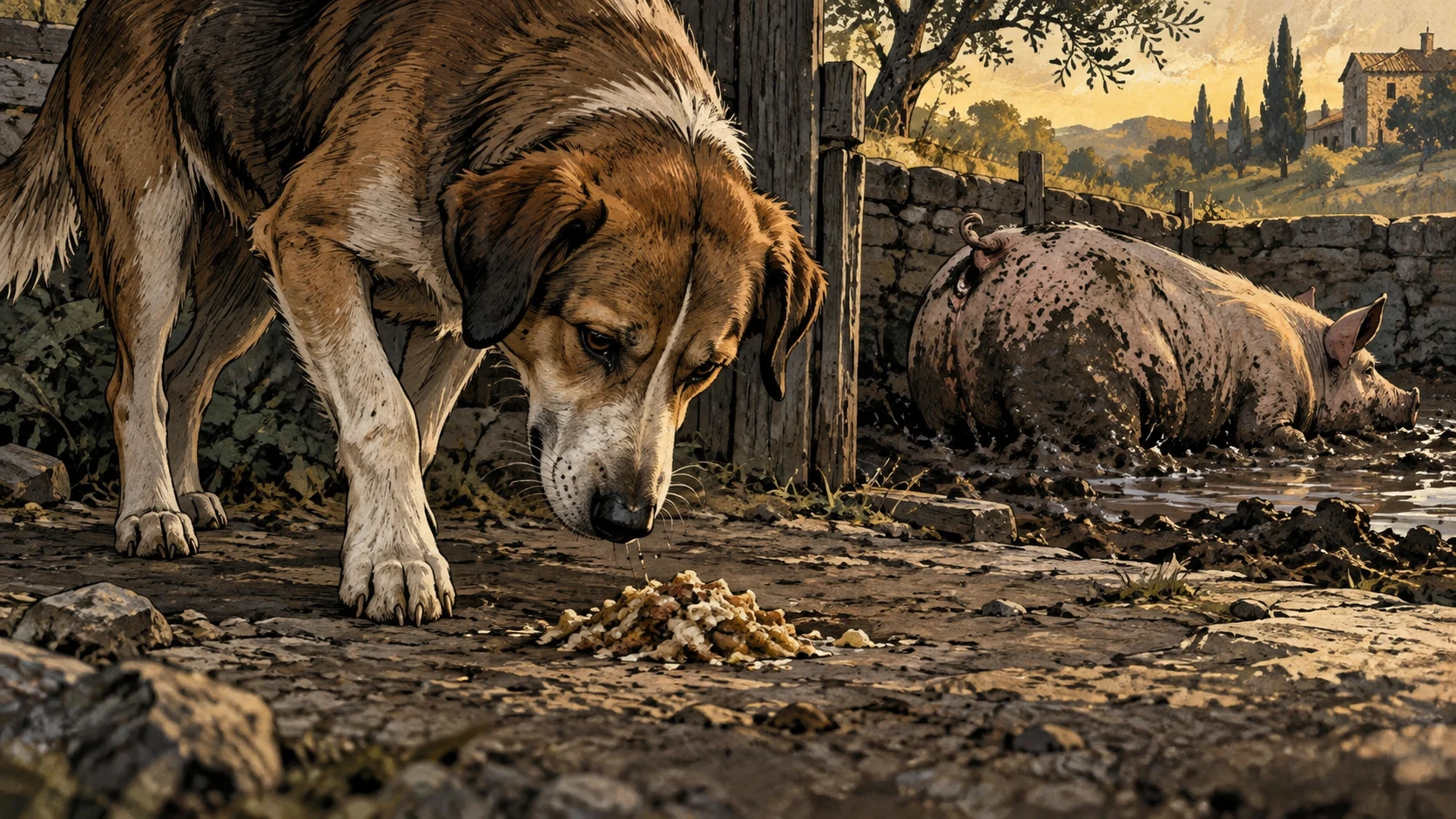A dog returns toward a small patch of regurgitated food, with a muddy sow farther away.