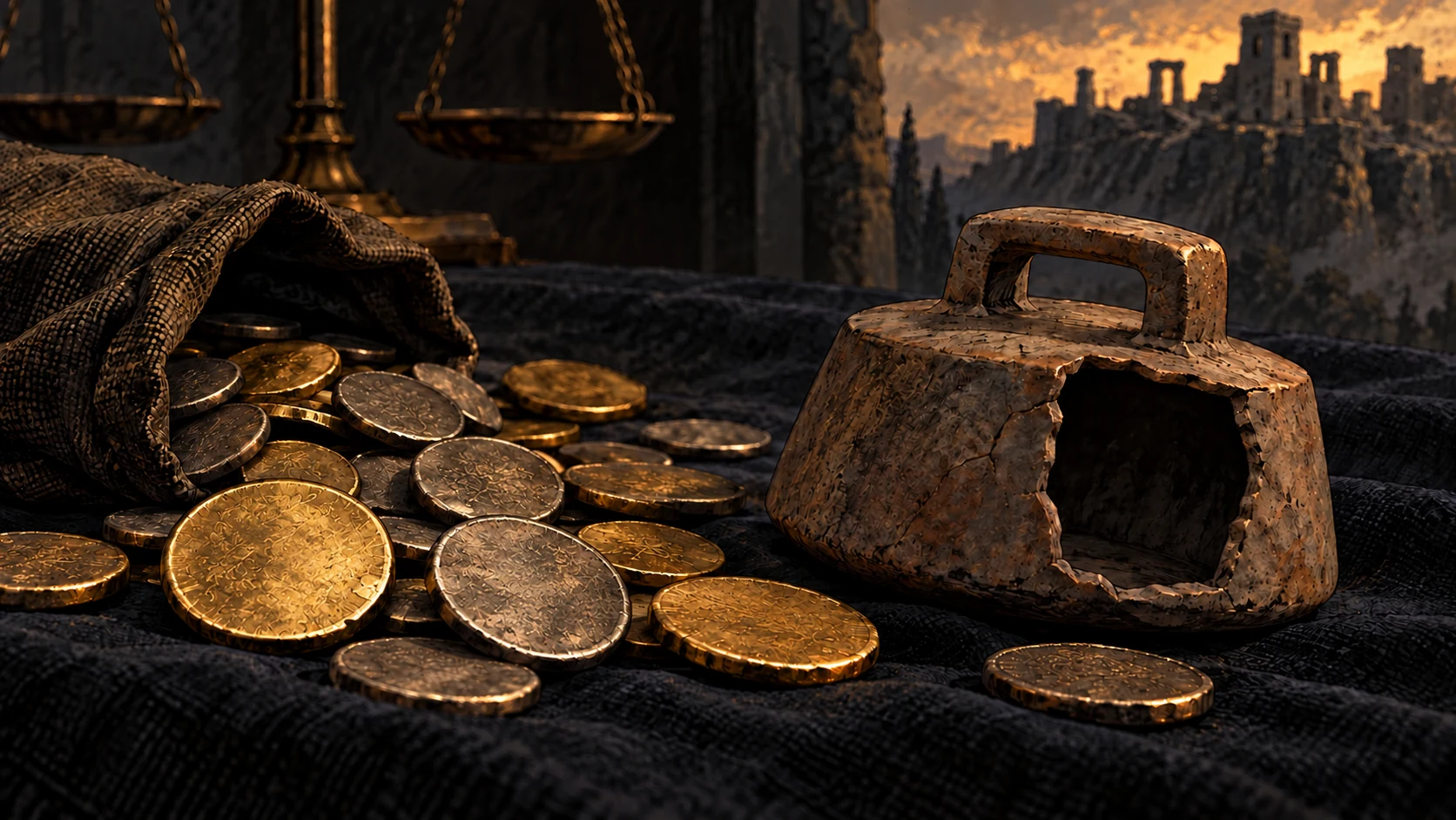 Worn gold and silver coins lie beside a hollow weight on dark cloth.