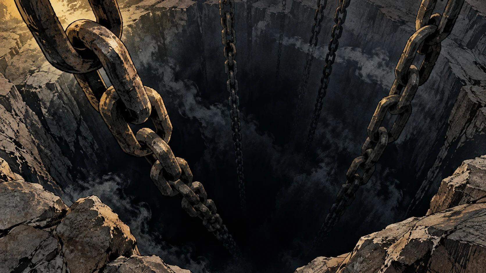 Heavy chains descend into a dark rocky abyss.