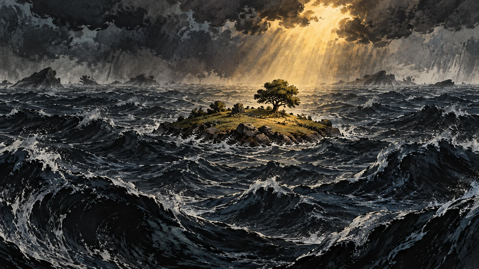 A small dry island with a tree is surrounded by dark floodwaters.