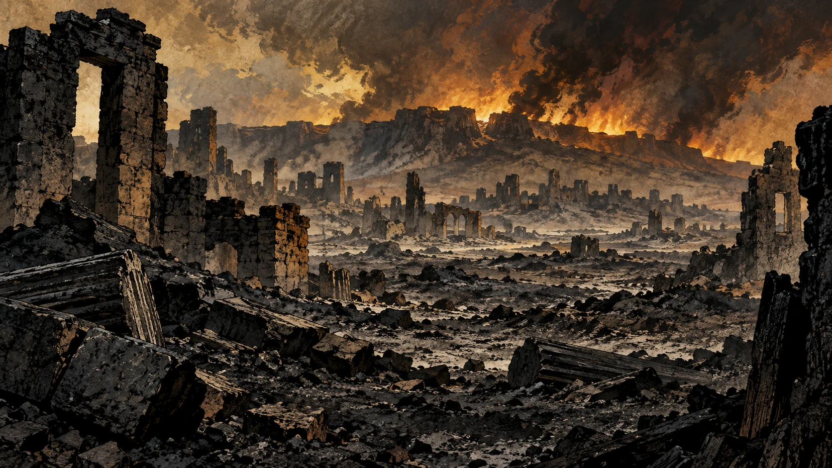 Ash-covered foundations stand beneath smoke and distant fire.