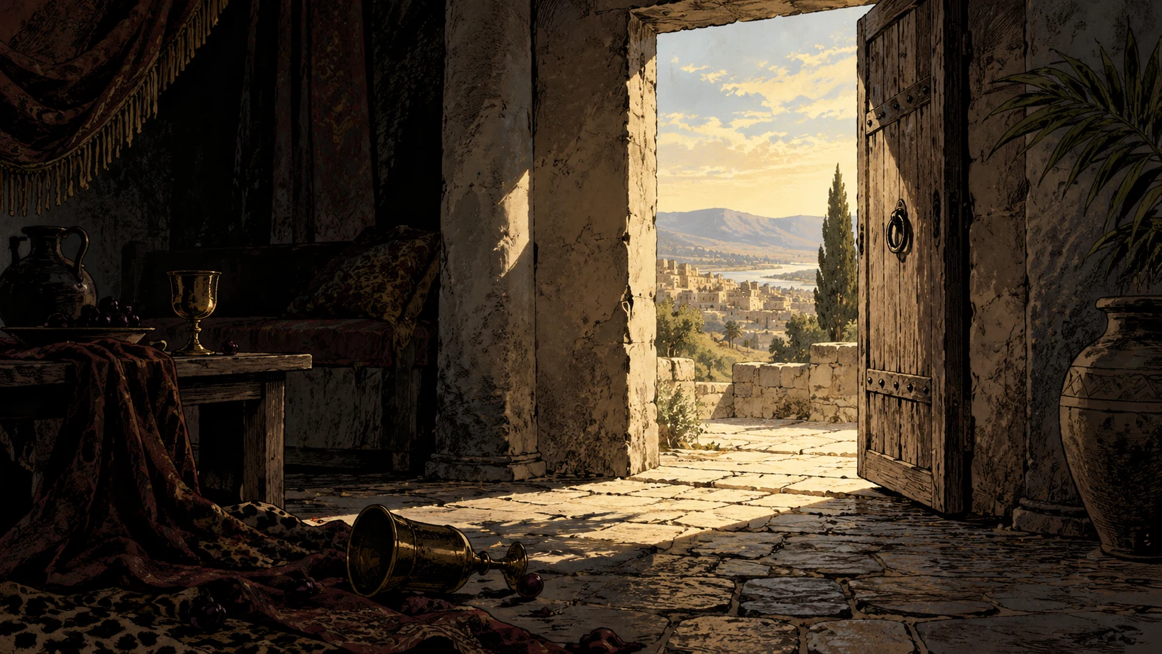 An open doorway leads from a dark interior into daylight.