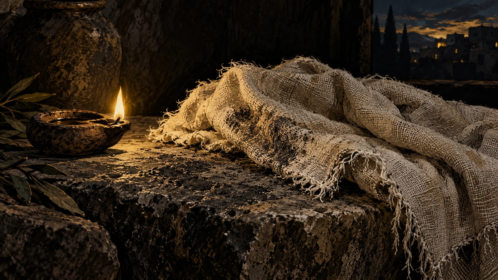 Frayed linen lies on rough stone beside a small clay lamp.