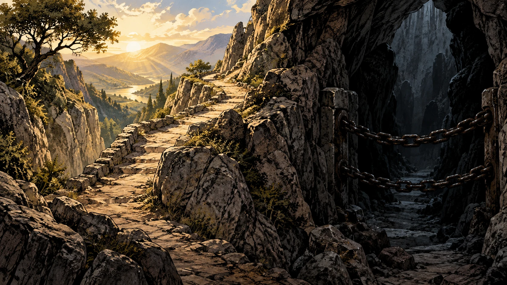 A sheltered sunlit passage contrasts with a chained dark recess.