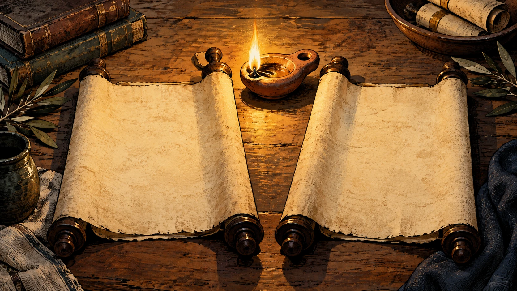 Two blank parchment scrolls lie beside a burning clay lamp.