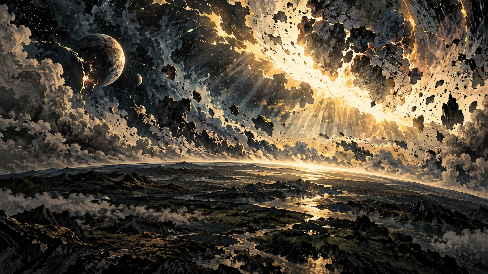 Fragmented cosmic forms dissolve into light above a dark earth horizon.