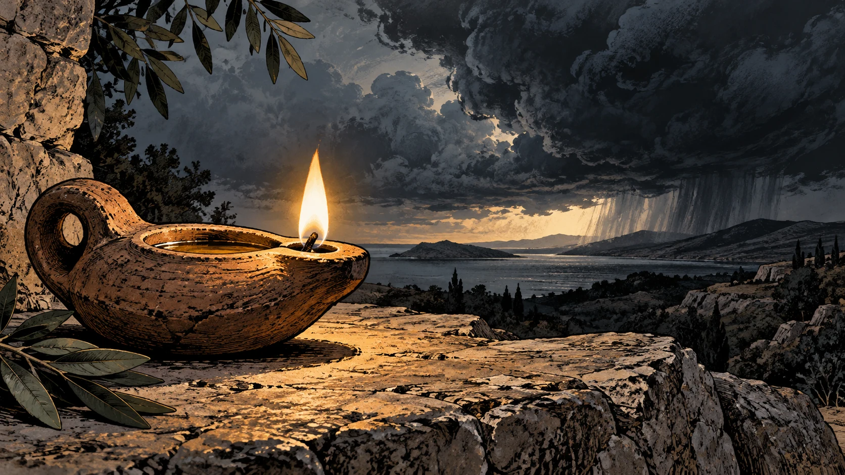A clay lamp burns steadily on stone while a distant storm darkens the horizon.