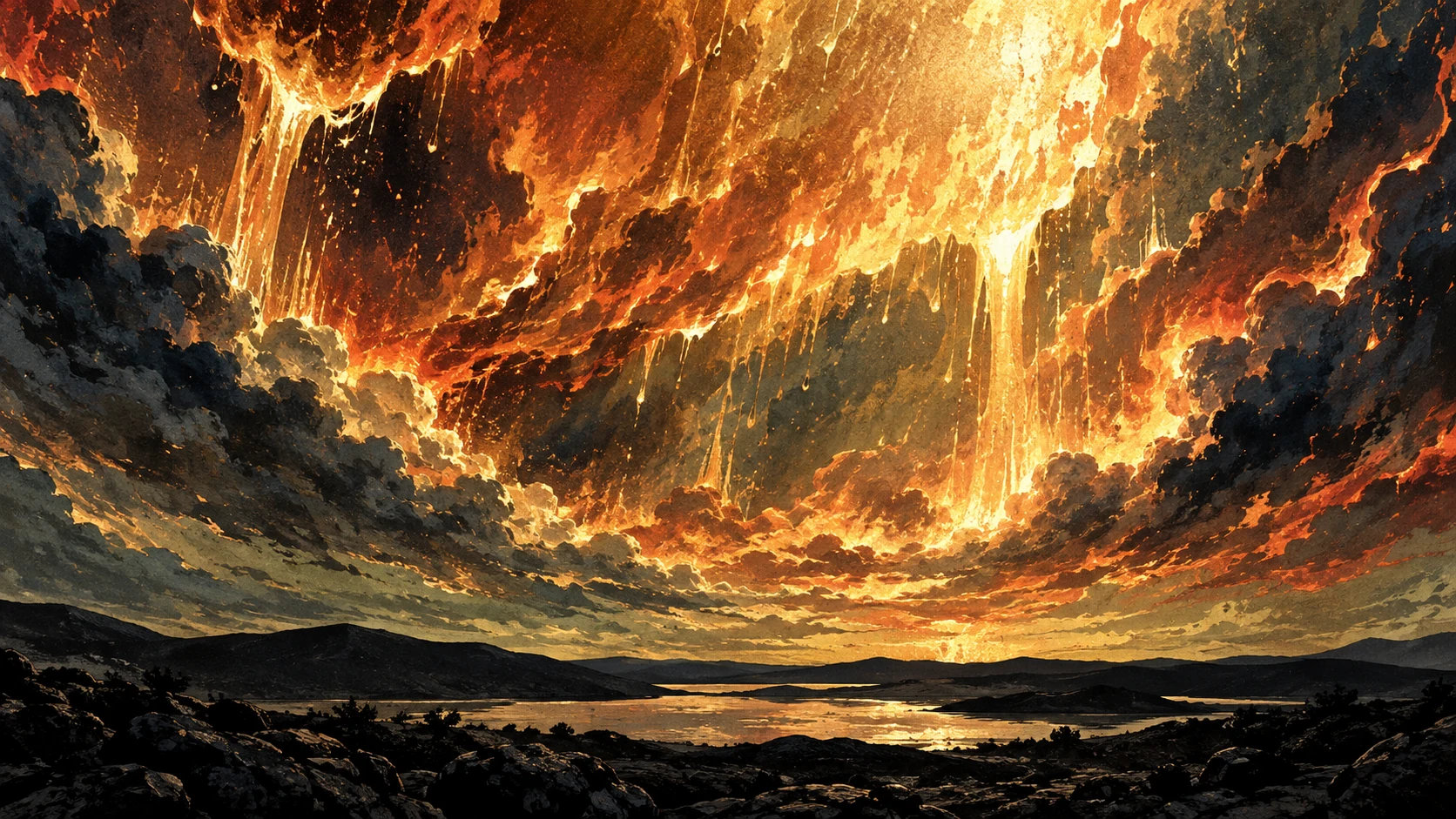 Ember-colored sky forms melt into streams of light above a dark horizon.