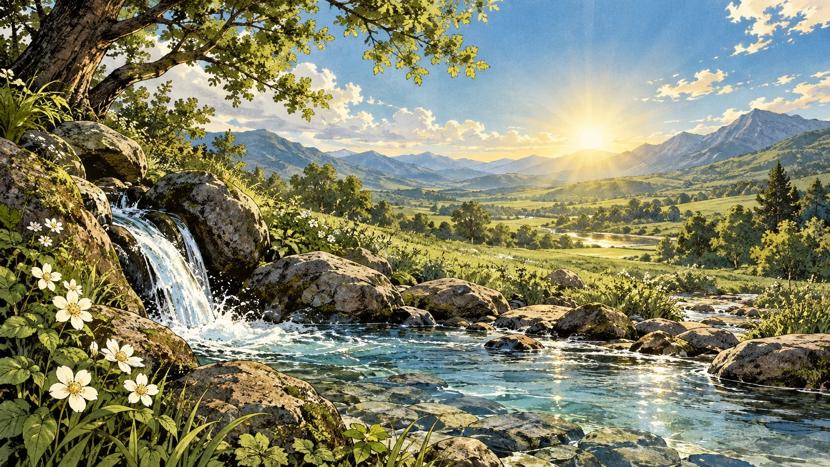Clear water flows through a fresh green landscape beneath a luminous sky.