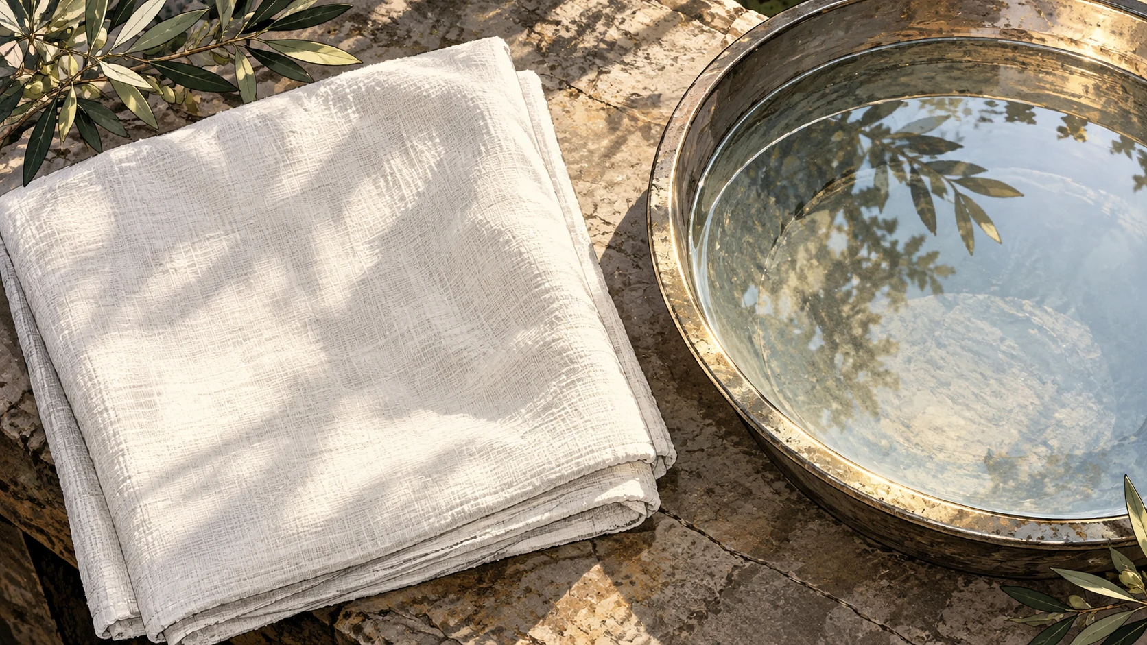 Unblemished white linen lies beside a still clear basin.