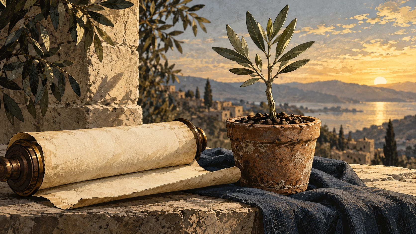A blank scroll lies beside an olive cutting rooted in a clay pot.
