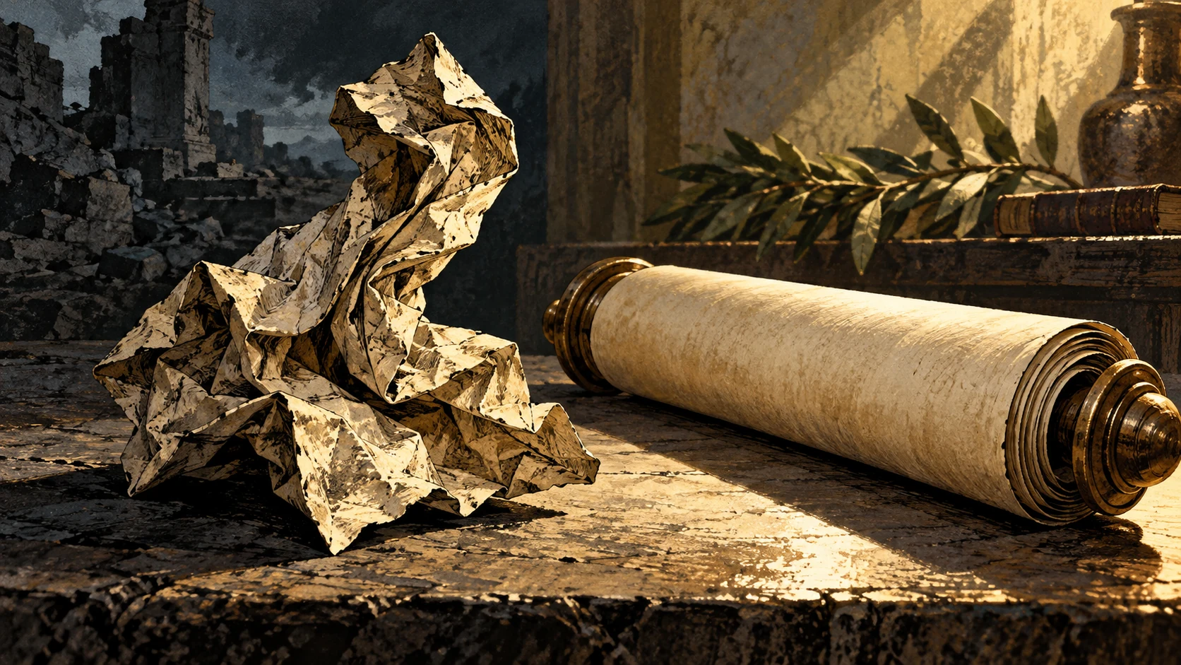 Twisted parchment stands beside a straight preserved scroll.