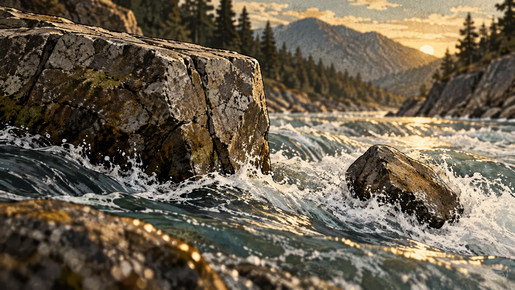 A firm foundation stone and a smaller exposed stone sit amid fast water.