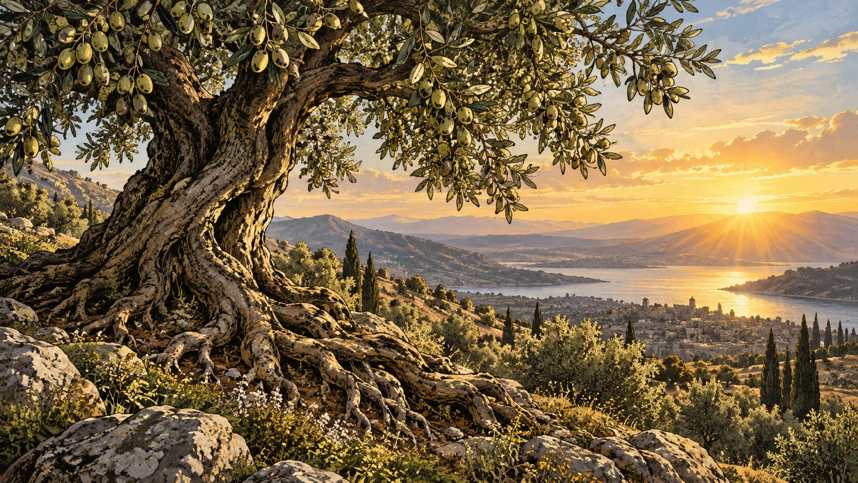 A thriving olive tree bears fruit over a spacious dawn-lit hillside.