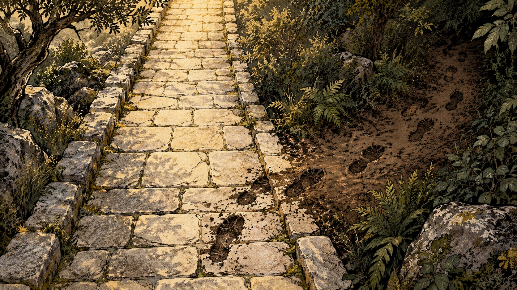 Muddy footprints cross a carefully laid path into undergrowth.