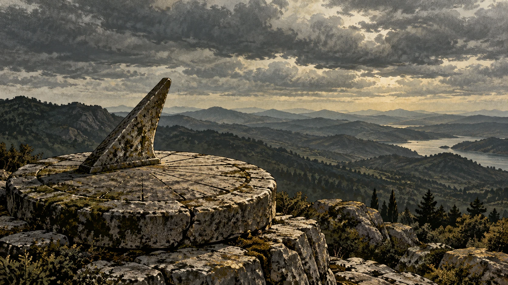 An unmarked stone sundial overlooks repeating ridges under an overcast sky.