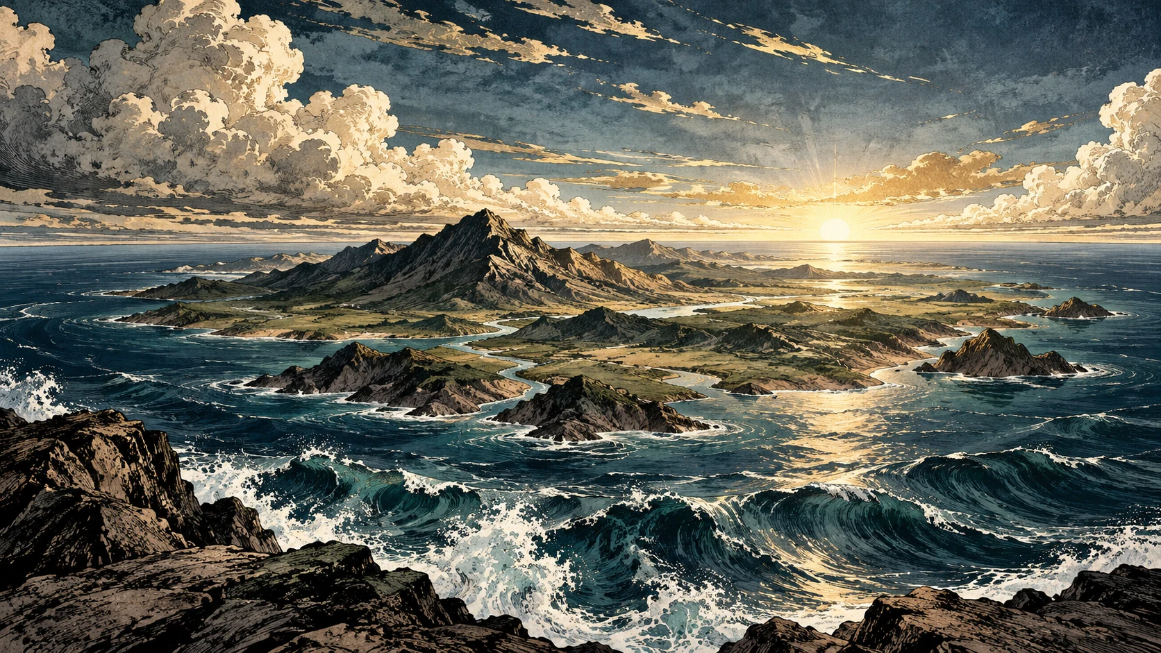 An emerging landmass lies among broad waters beneath a vast sky.