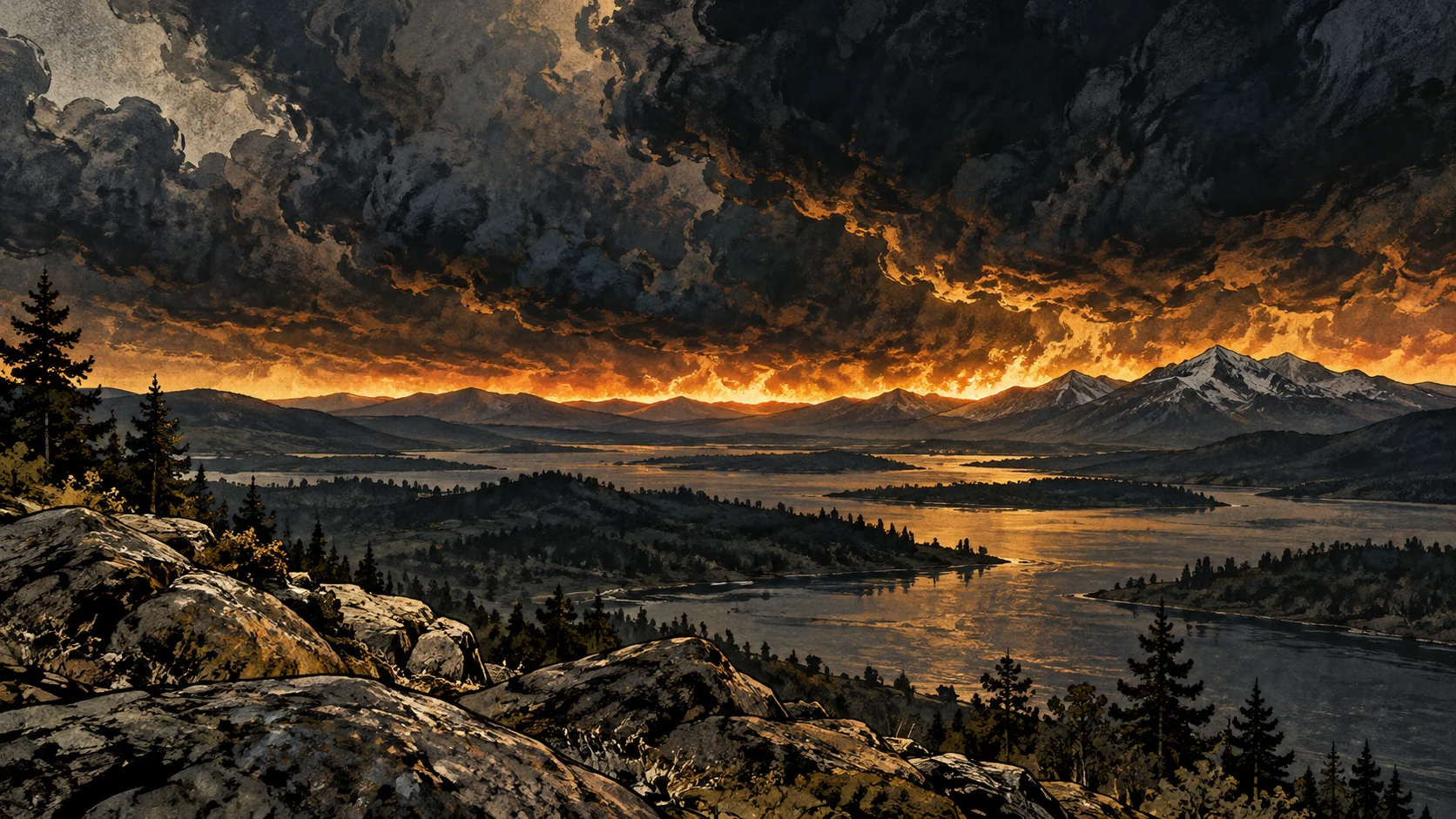 An ember-lit horizon lies beneath a dark sky above a broad landscape.