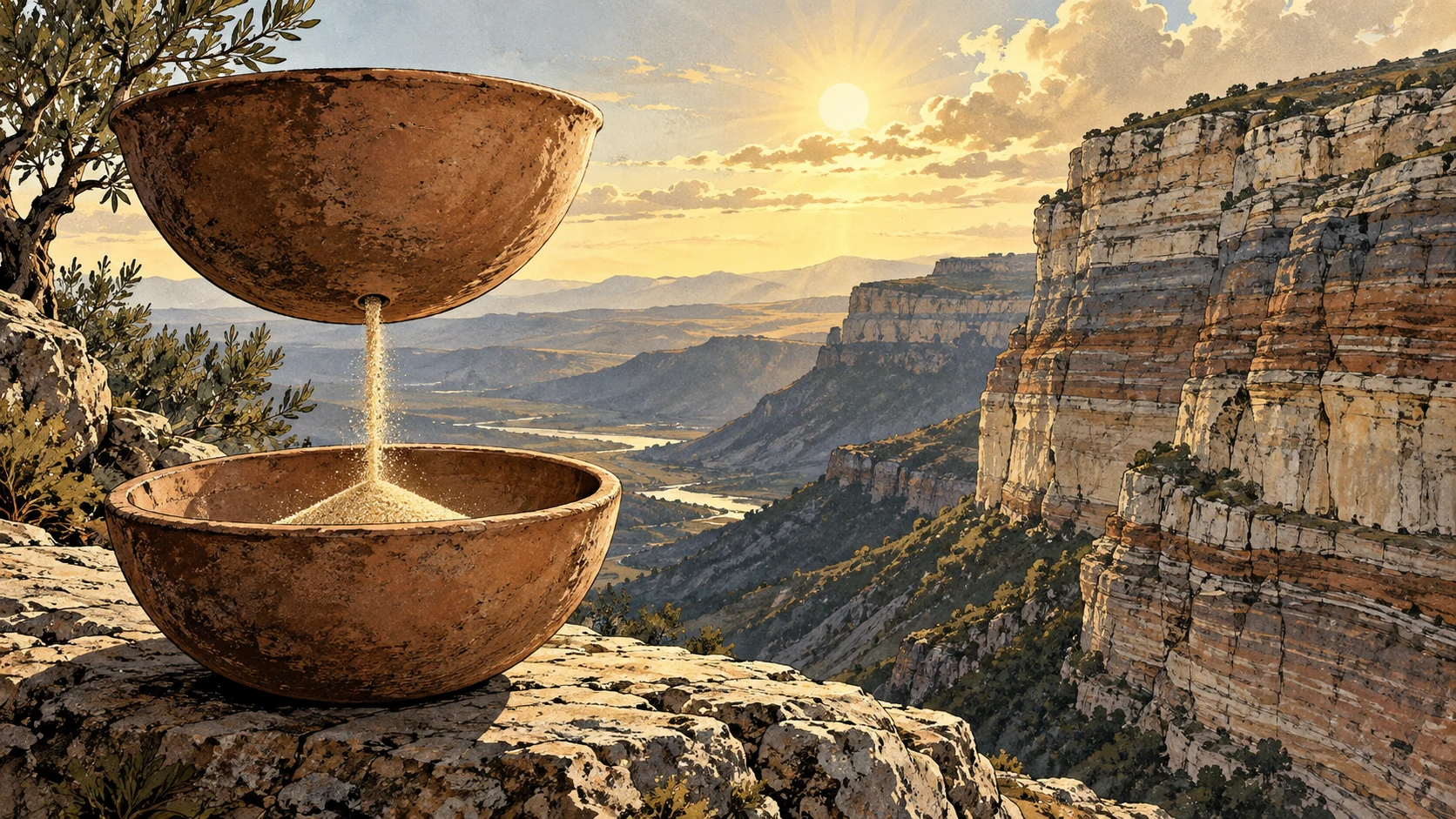 Sand falls between suspended clay bowls beside enduring rock strata.