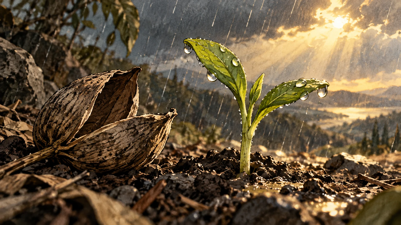 A green sprout opens beside a dry seed pod in gentle rain.