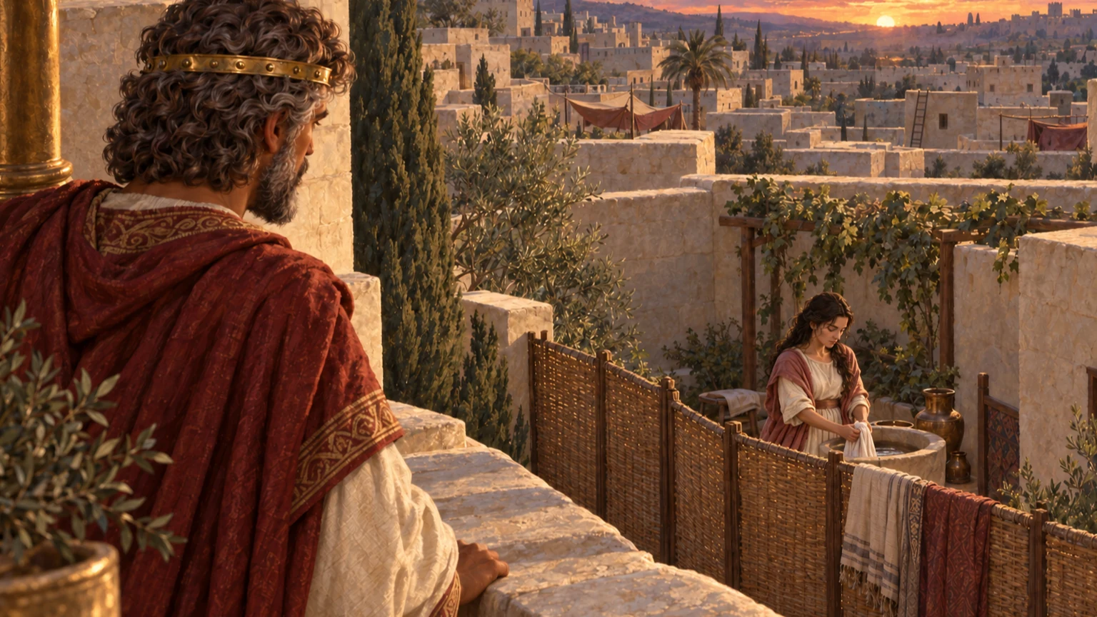 David watches Bathsheba from the palace roof.
