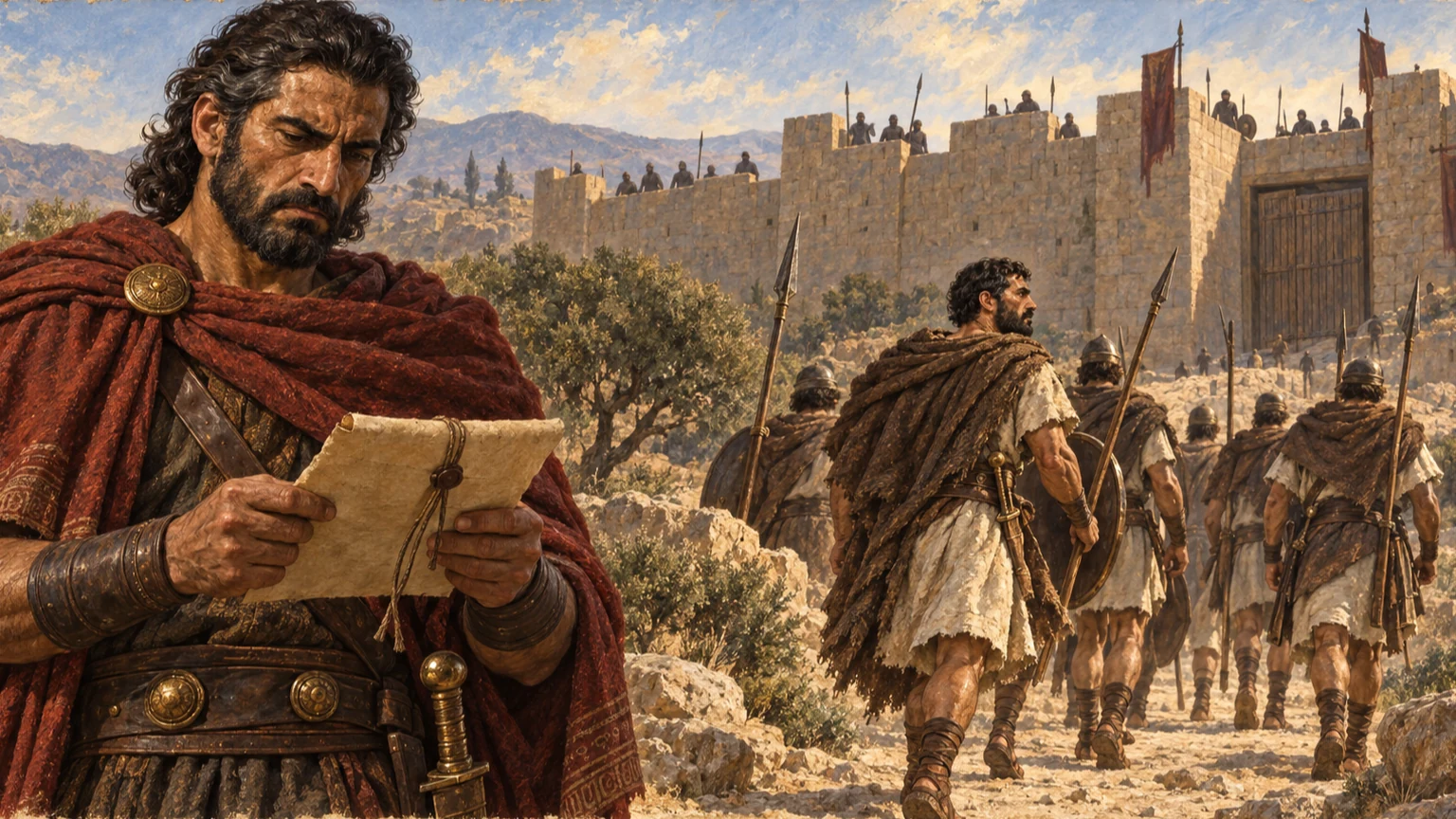 Joab reads the order while Uriah advances toward Rabbah’s wall.