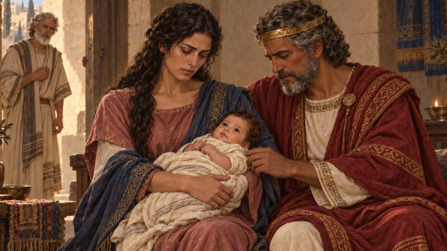 Solomon is born; Bathsheba and David hold him.
