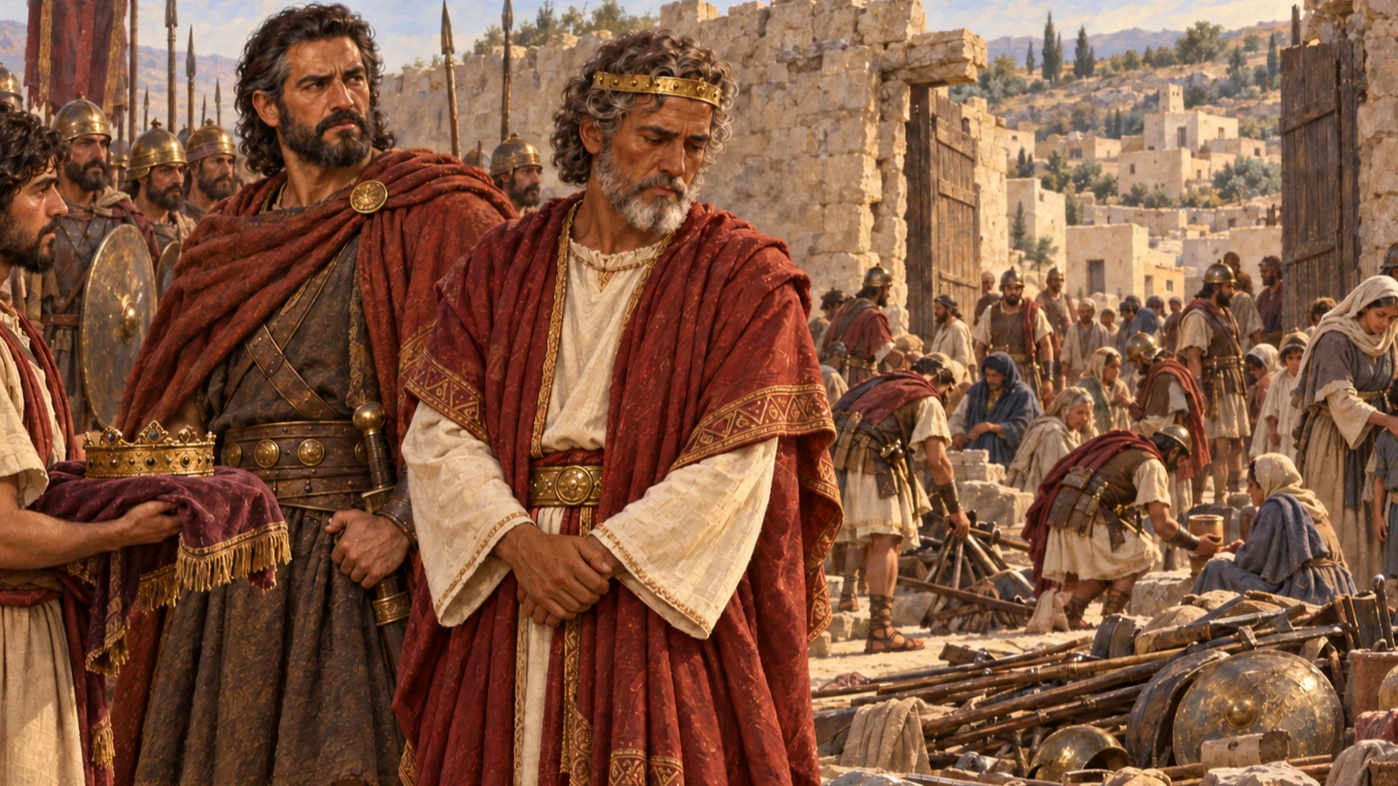 David and Joab receive Rabbah’s crown after its capture.