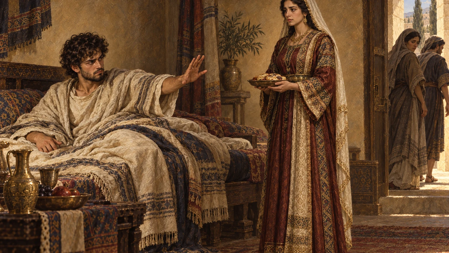 Tamar brings cakes to Amnon as he dismisses attendants.