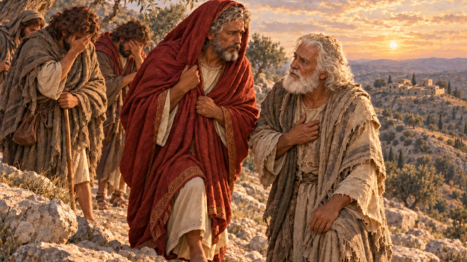 David meets Hushai on the Mount of Olives.