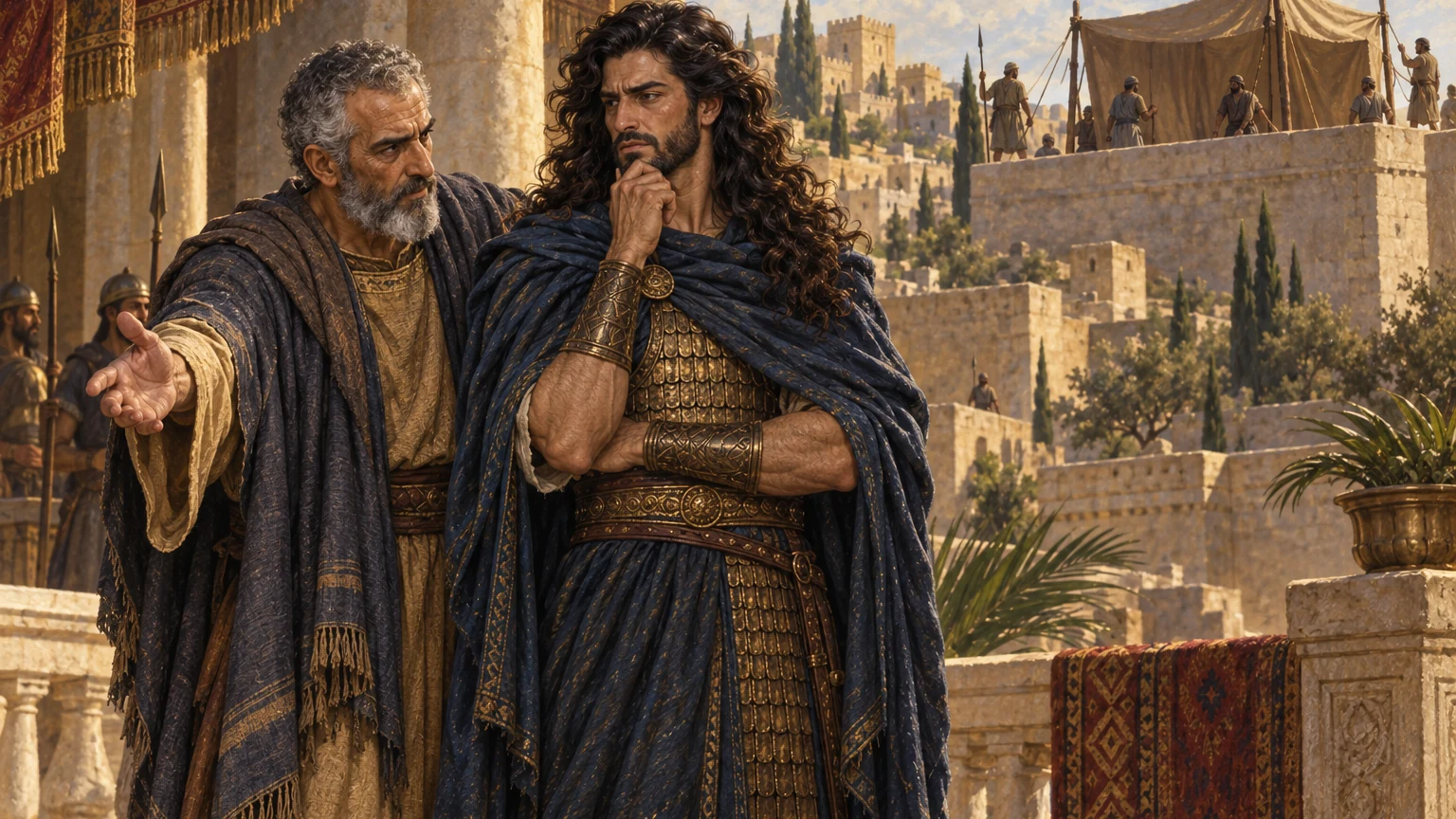 Ahithophel gives Absalom counsel; a rooftop tent is prepared.
