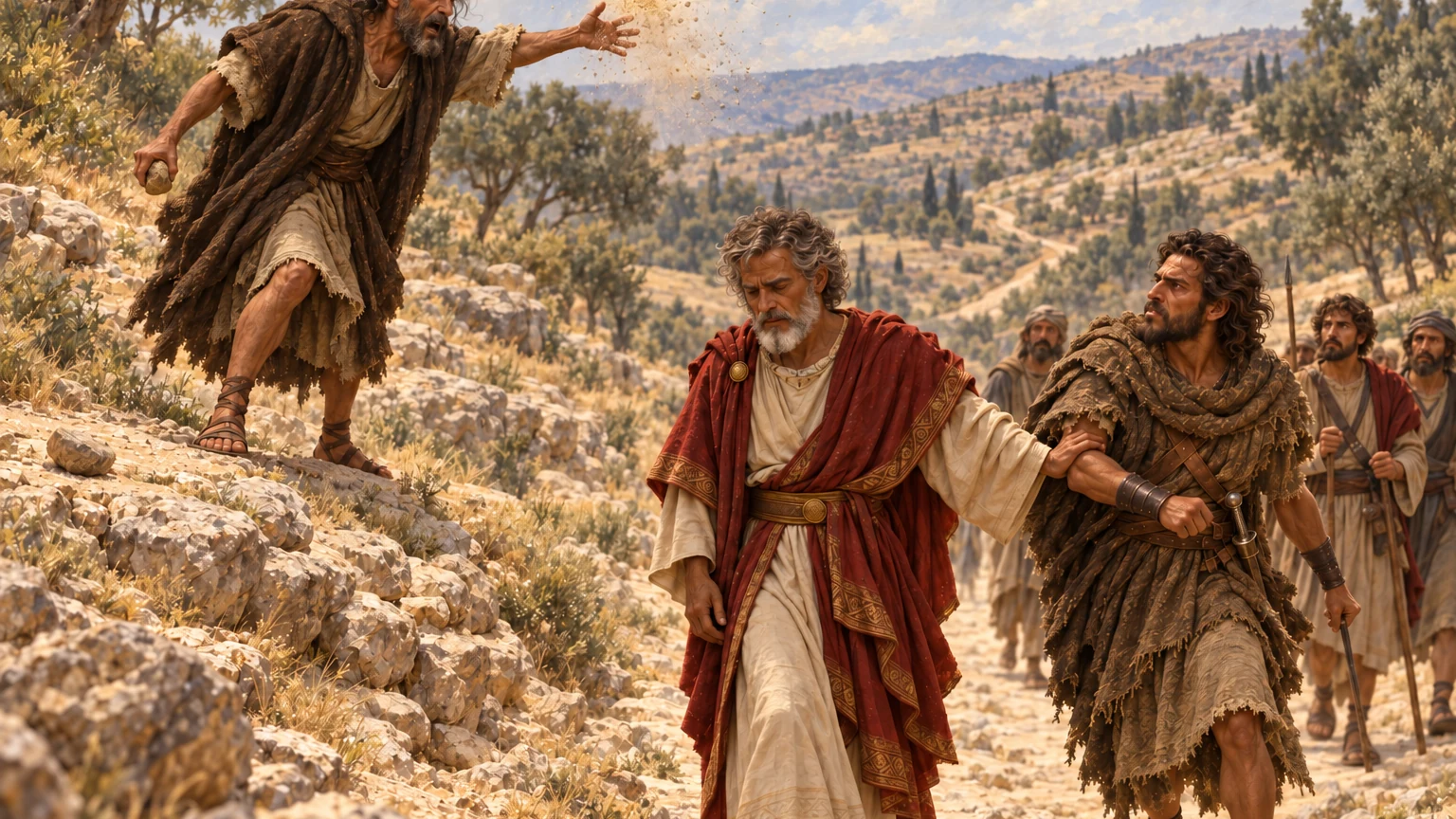 Shimei curses David, who restrains Abishai.