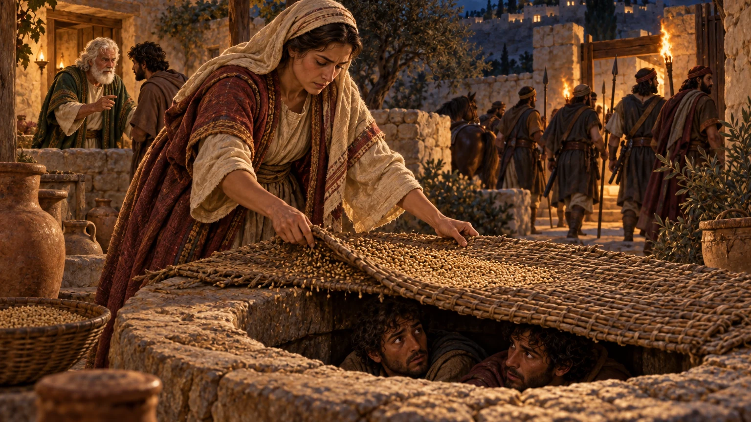 A woman at Bahurim hides Ahimaaz and Jonathan in a covered well.