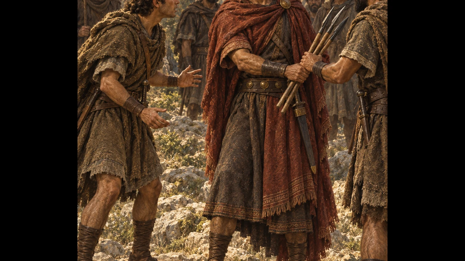 Joab takes javelins after hearing Absalom has been found.