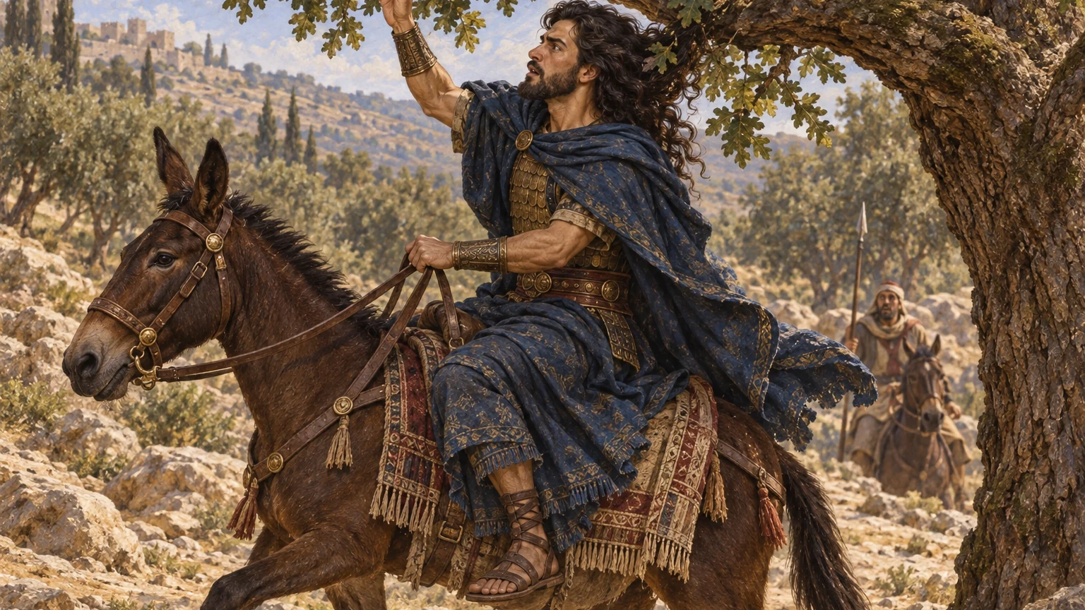 Absalom’s hair catches in an oak as his mule passes beneath.